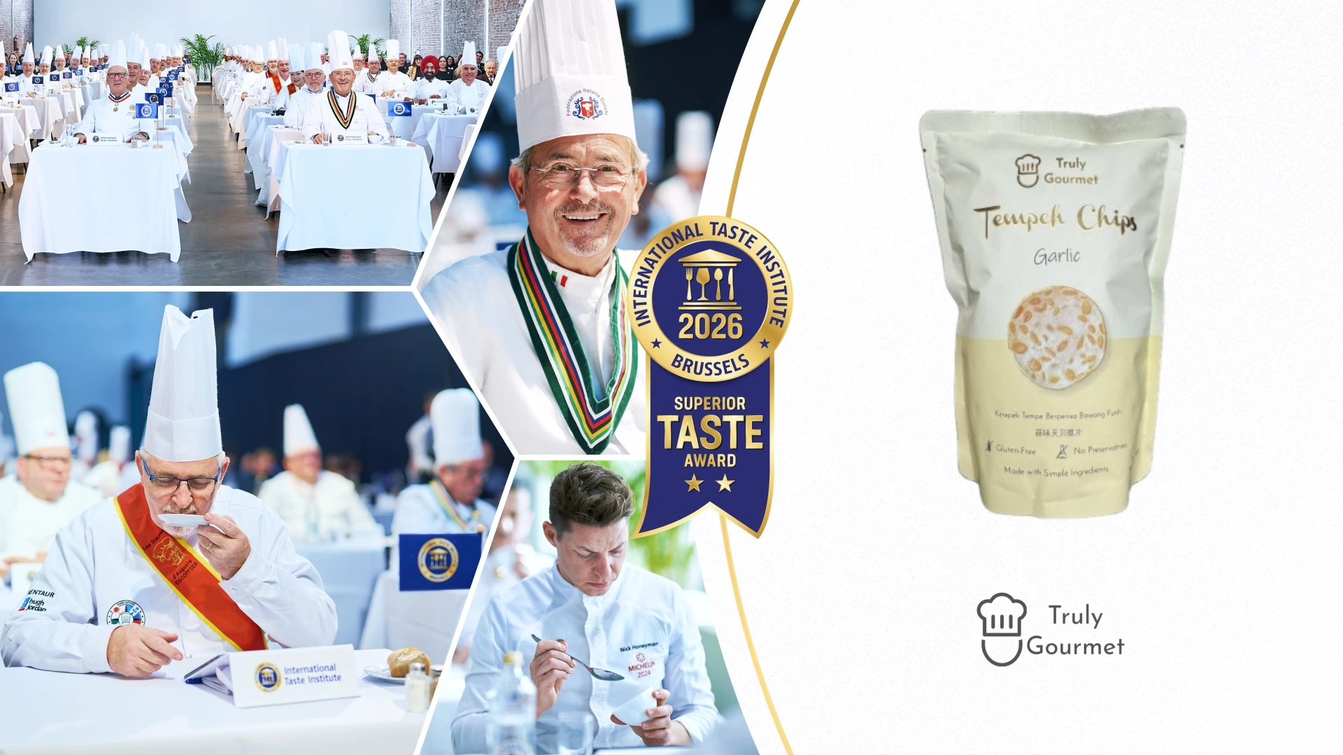 Truly Gourmet – Garlic Tempeh Chips Truly Gourmet Garlic Tempeh Chips pack beside the 2-star Superior Taste Award 2026 seal