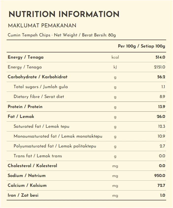 cumin tempeh chips nutrition information