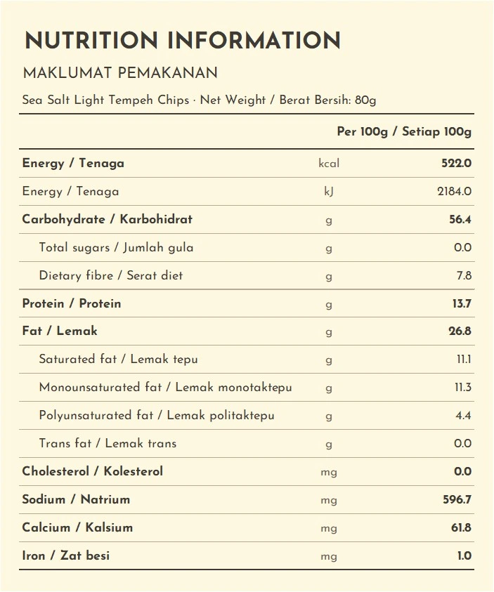 sea salt light tempeh chips nutrition information