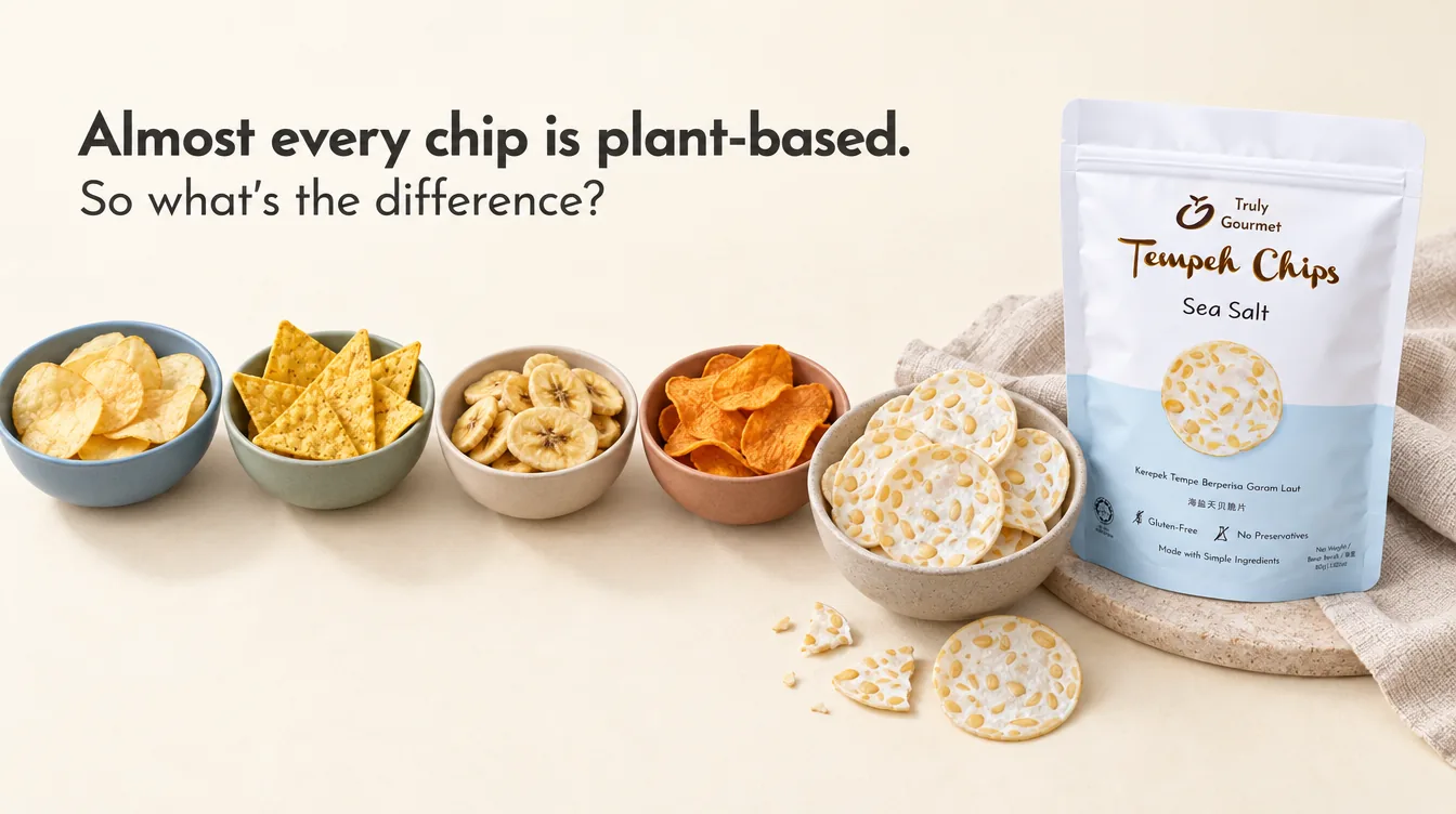 Five types of chips in bowls, with Truly Gourmet tempeh chips Five types of chips in bowls, with Truly Gourmet tempeh chips